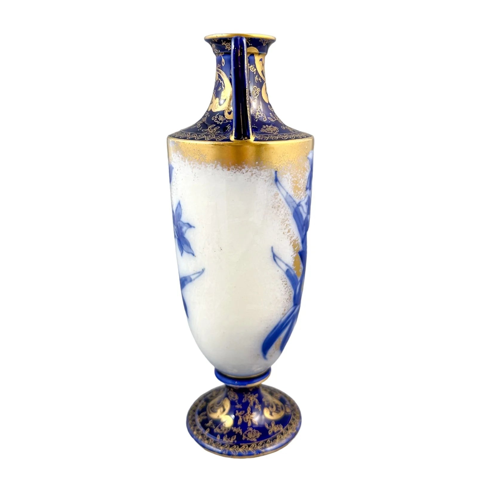 Victorian Royal Doulton two handled Art Nouveau cobalt urn vase in Blue Daffodil pattern