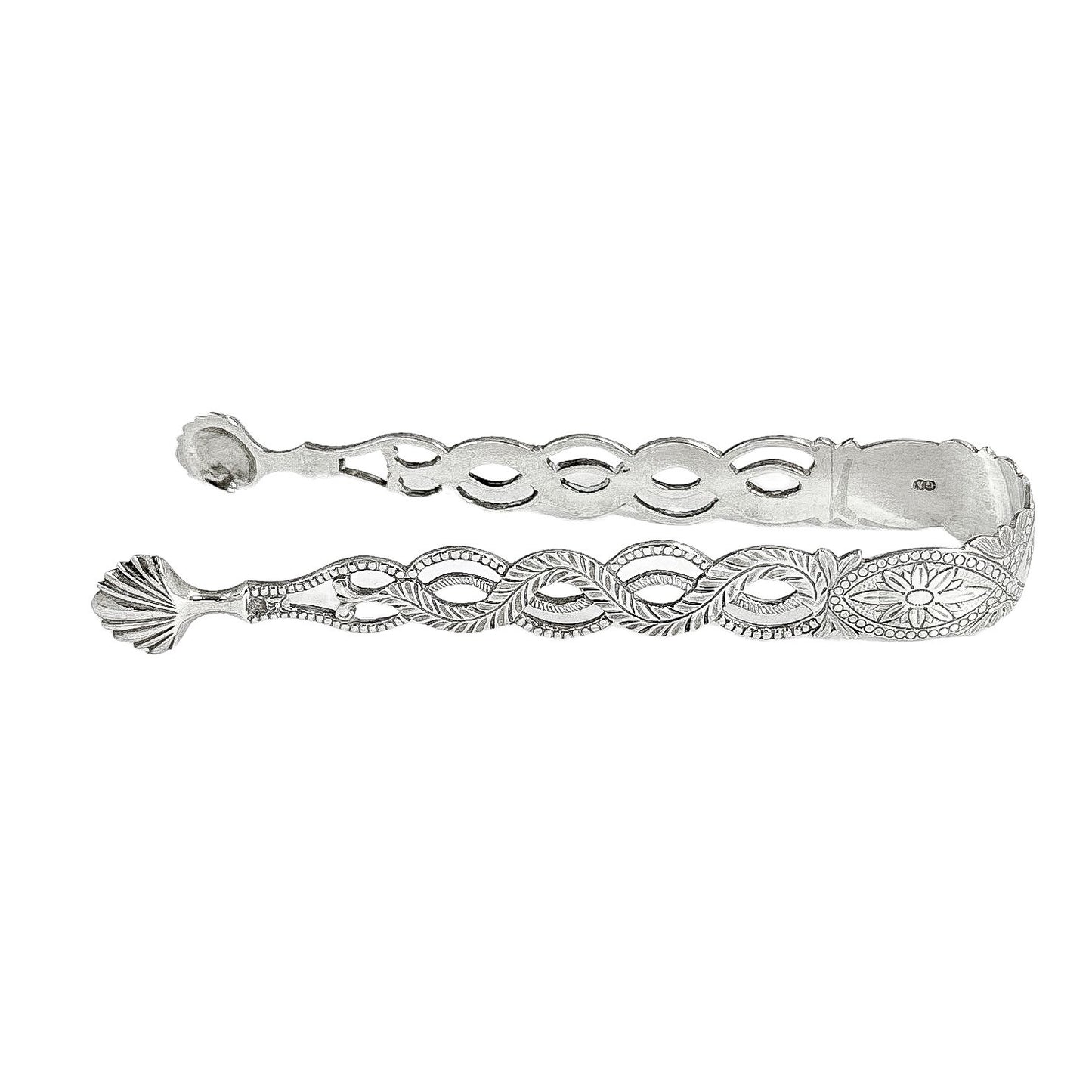 Large Victorian sterling silver sugar tongs with pierced ropework arms and shell terminals