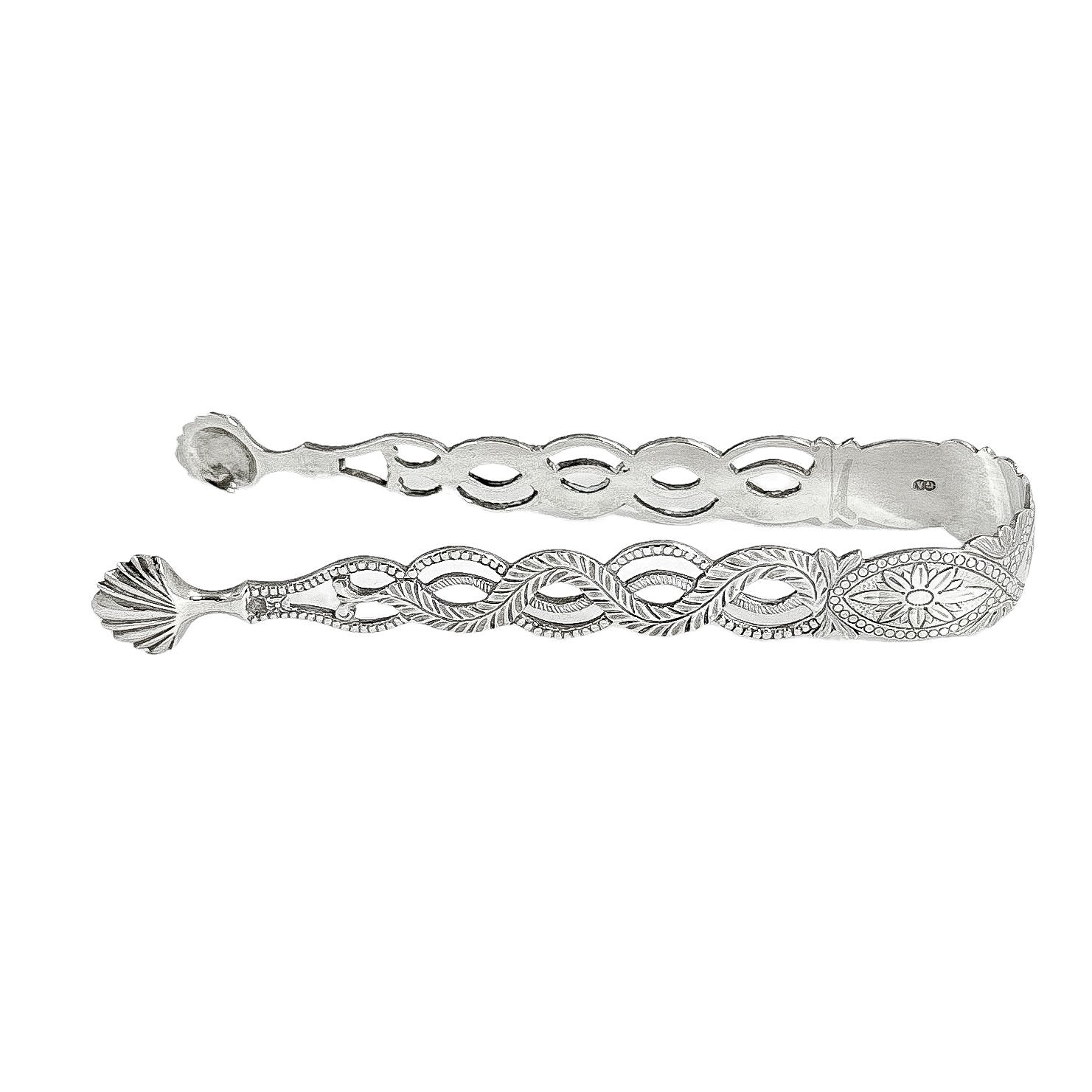 Large Victorian sterling silver sugar tongs with pierced ropework arms and shell terminals