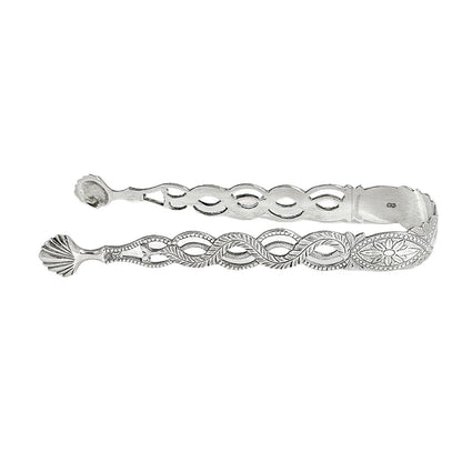 Large Victorian sterling silver sugar tongs with pierced ropework arms and shell terminals