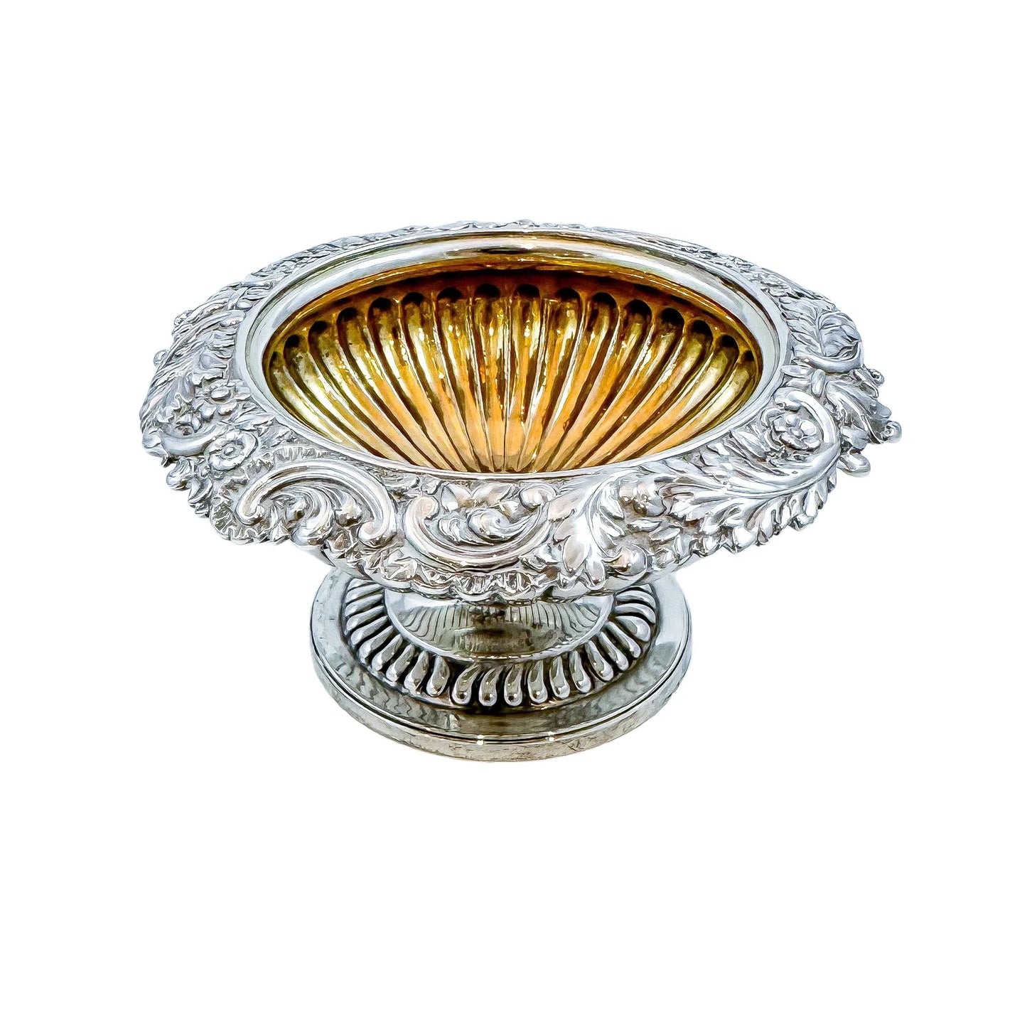 Pair of George III sterling silver gilt pedestal open salts, Rebecca Emes (rare woman silversmith)