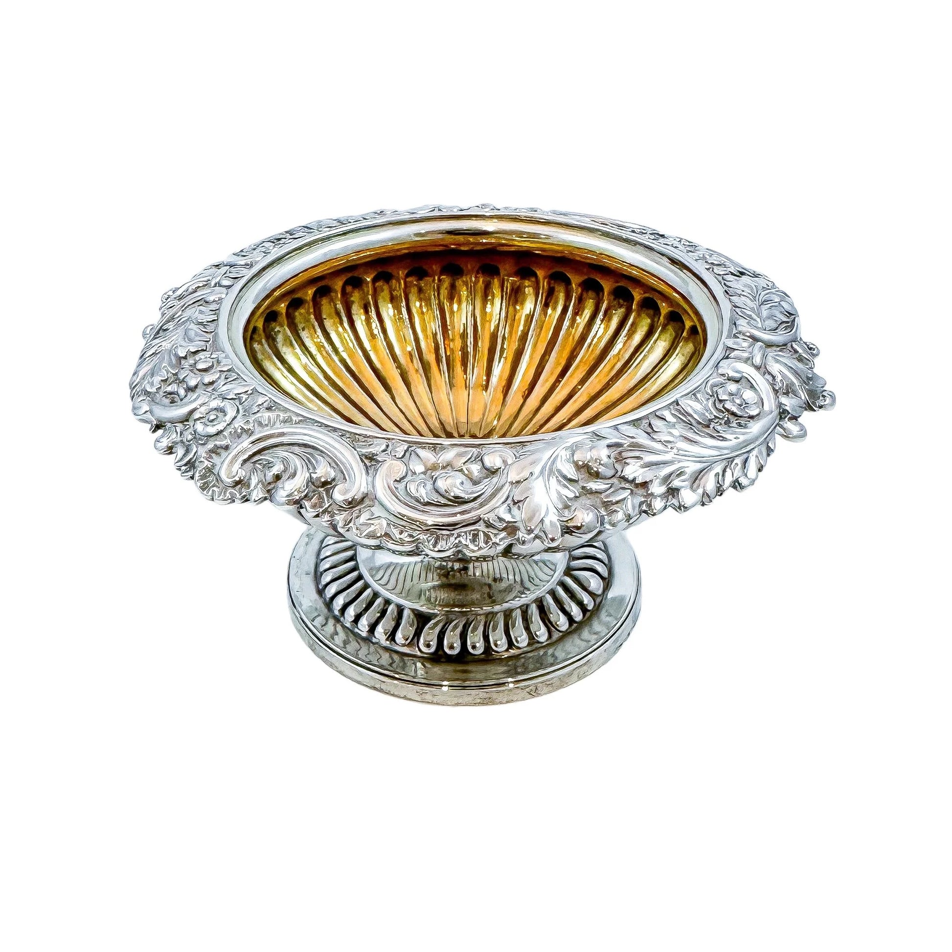 Pair of George III sterling silver gilt pedestal open salts, Rebecca Emes (rare woman silversmith)