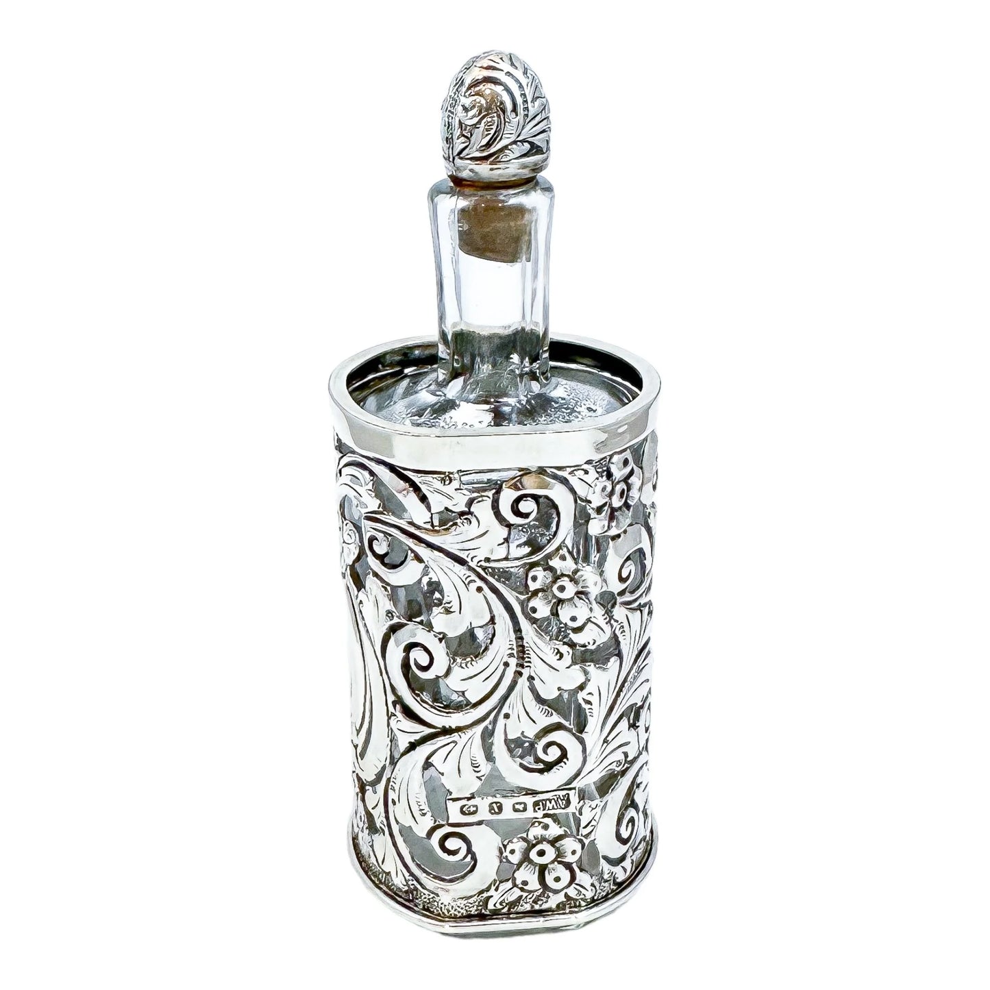 Large Victorian glass perfume scent bottle in Art Nouveau sterling silver pierced sleeve