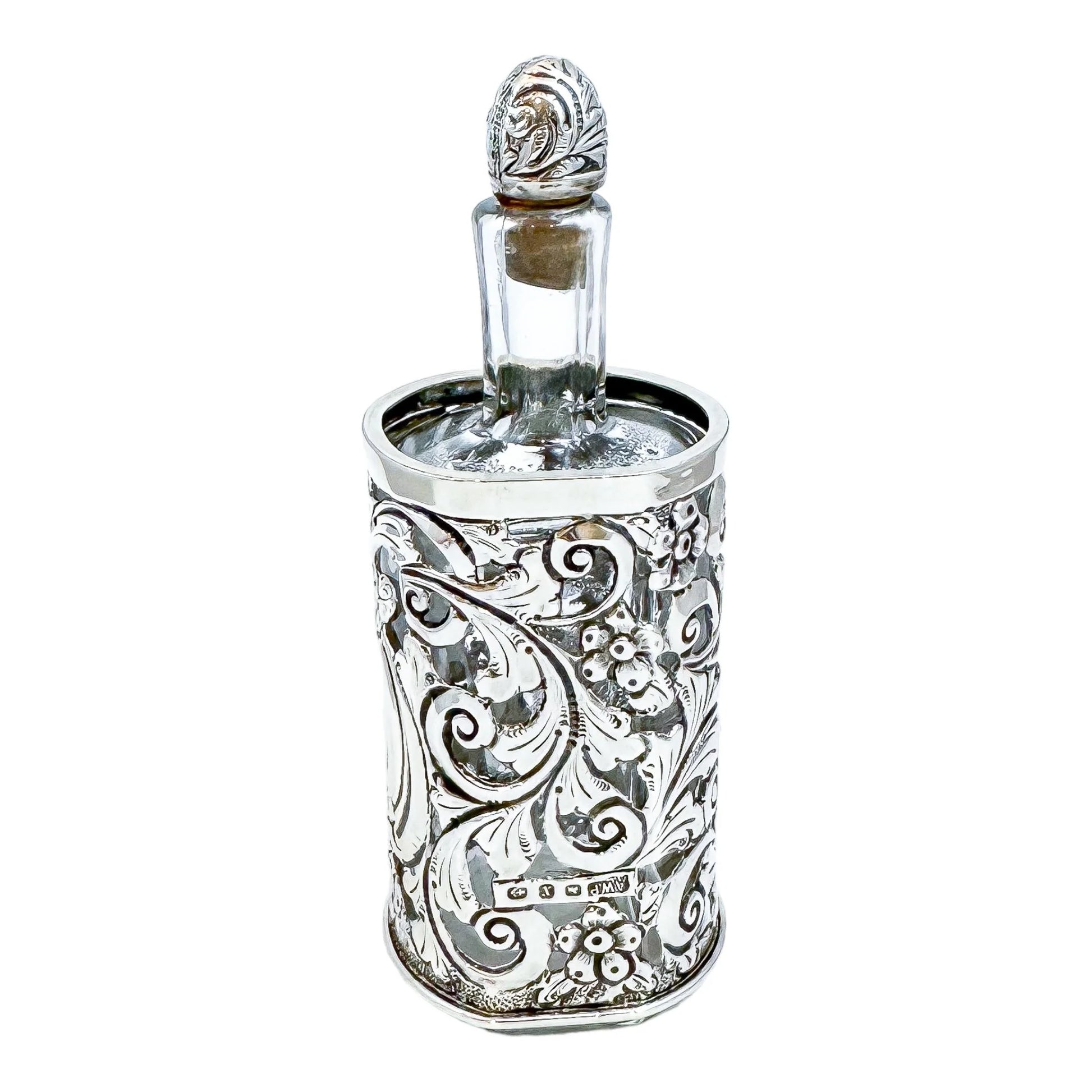 Large Victorian glass perfume scent bottle in Art Nouveau sterling silver pierced sleeve