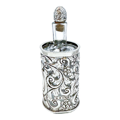 Large Victorian glass perfume scent bottle in Art Nouveau sterling silver pierced sleeve