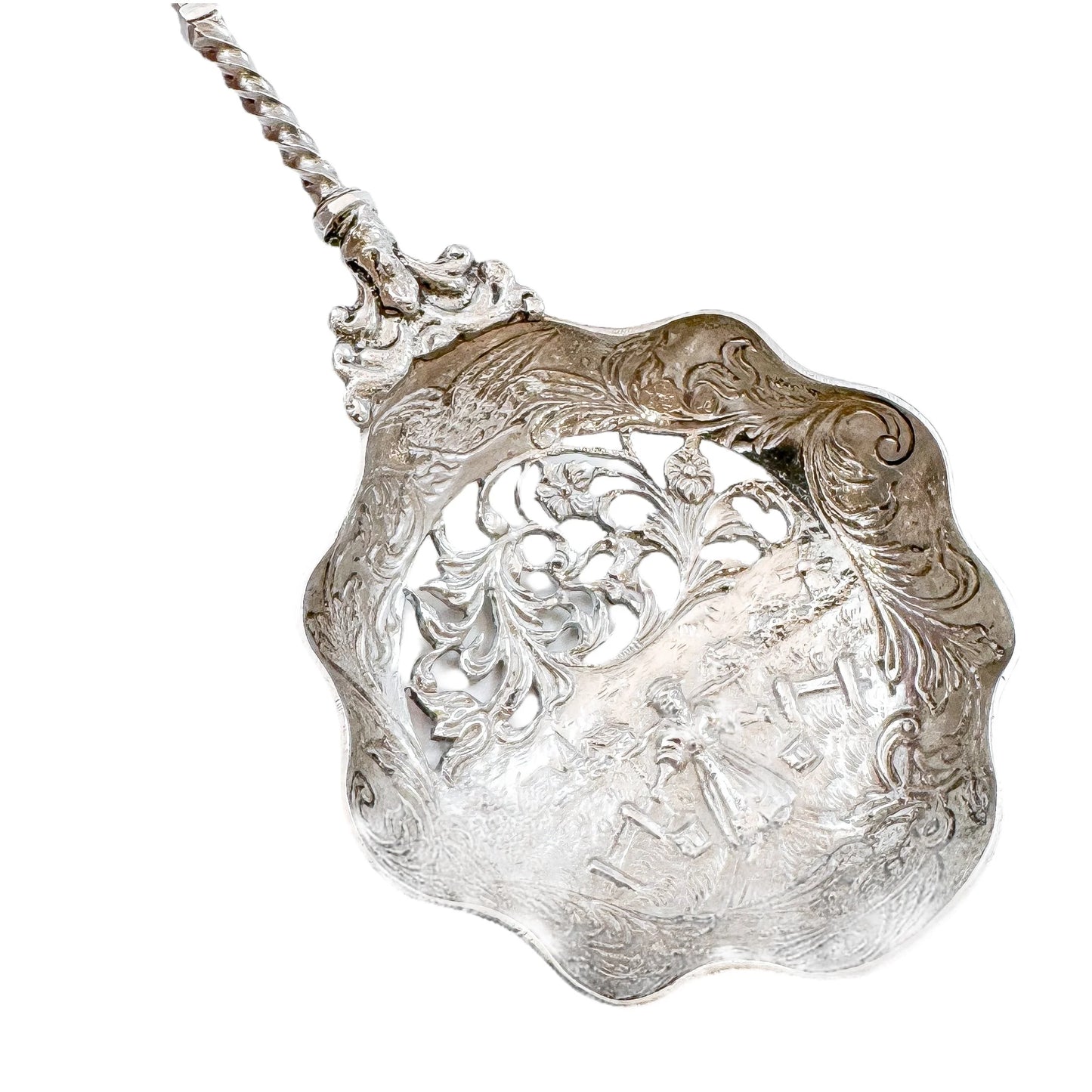 19th century Dutch silver tea strainer spoon with pastoral scene and windmill finial
