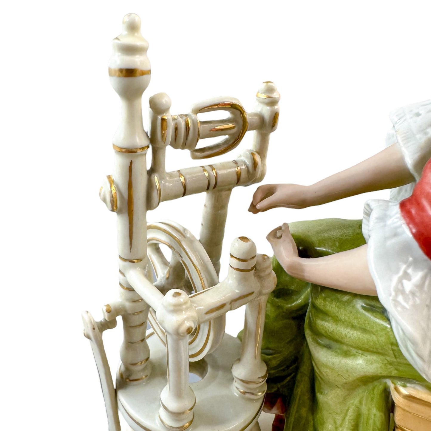 Sitzendorf porcelain figurine, "Woman at Spinning Wheel"