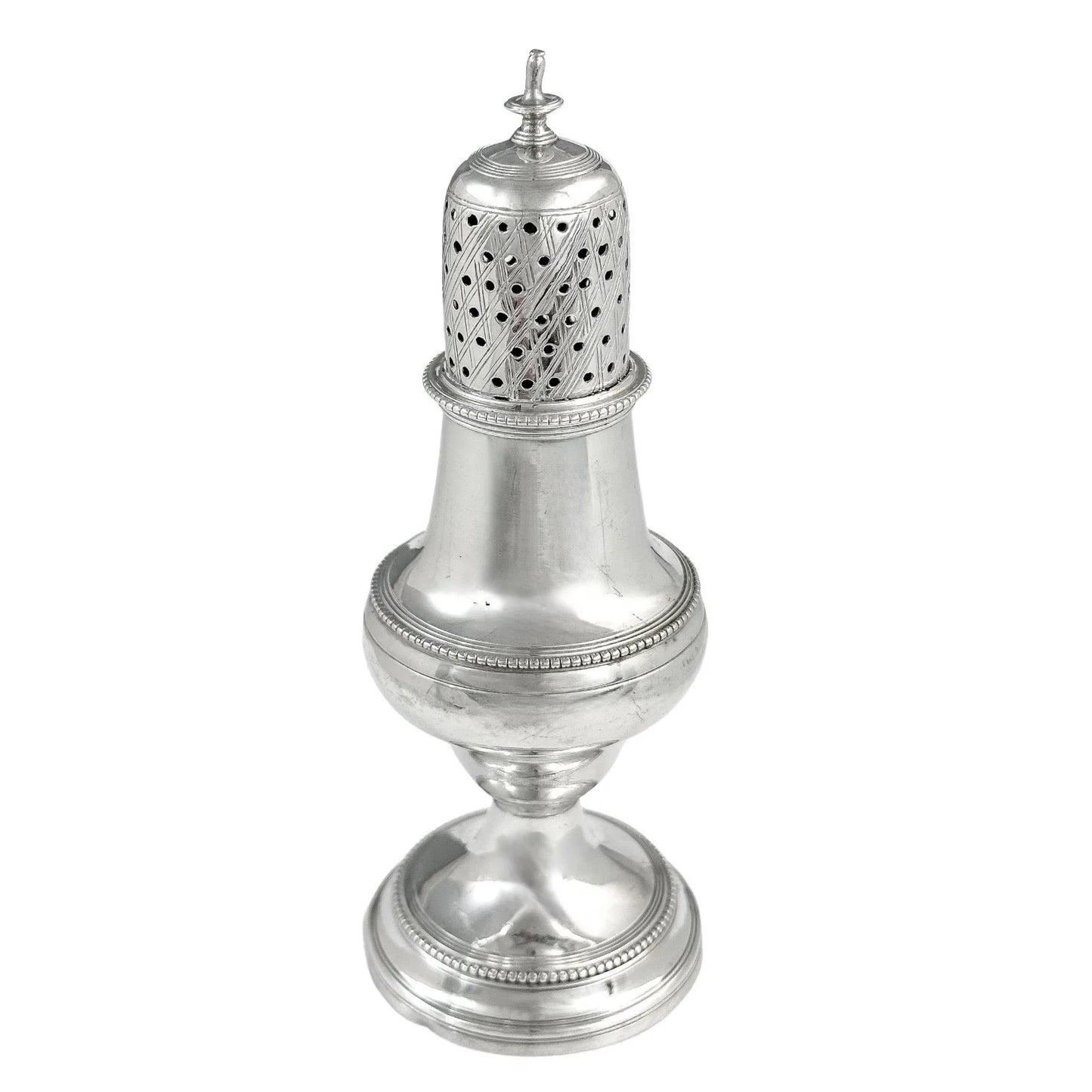 George III sterling baluster caster / pepper pot with beaded border