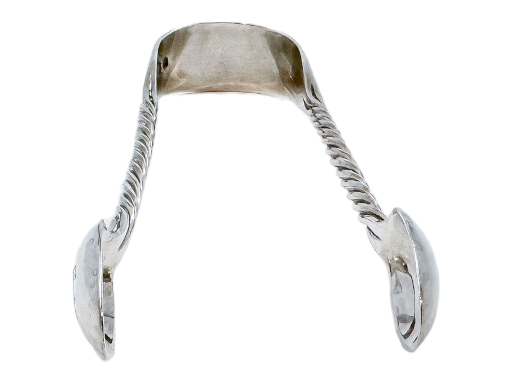 Early Victorian sterling silver sugar tongs with twisted arms and foliate engraving