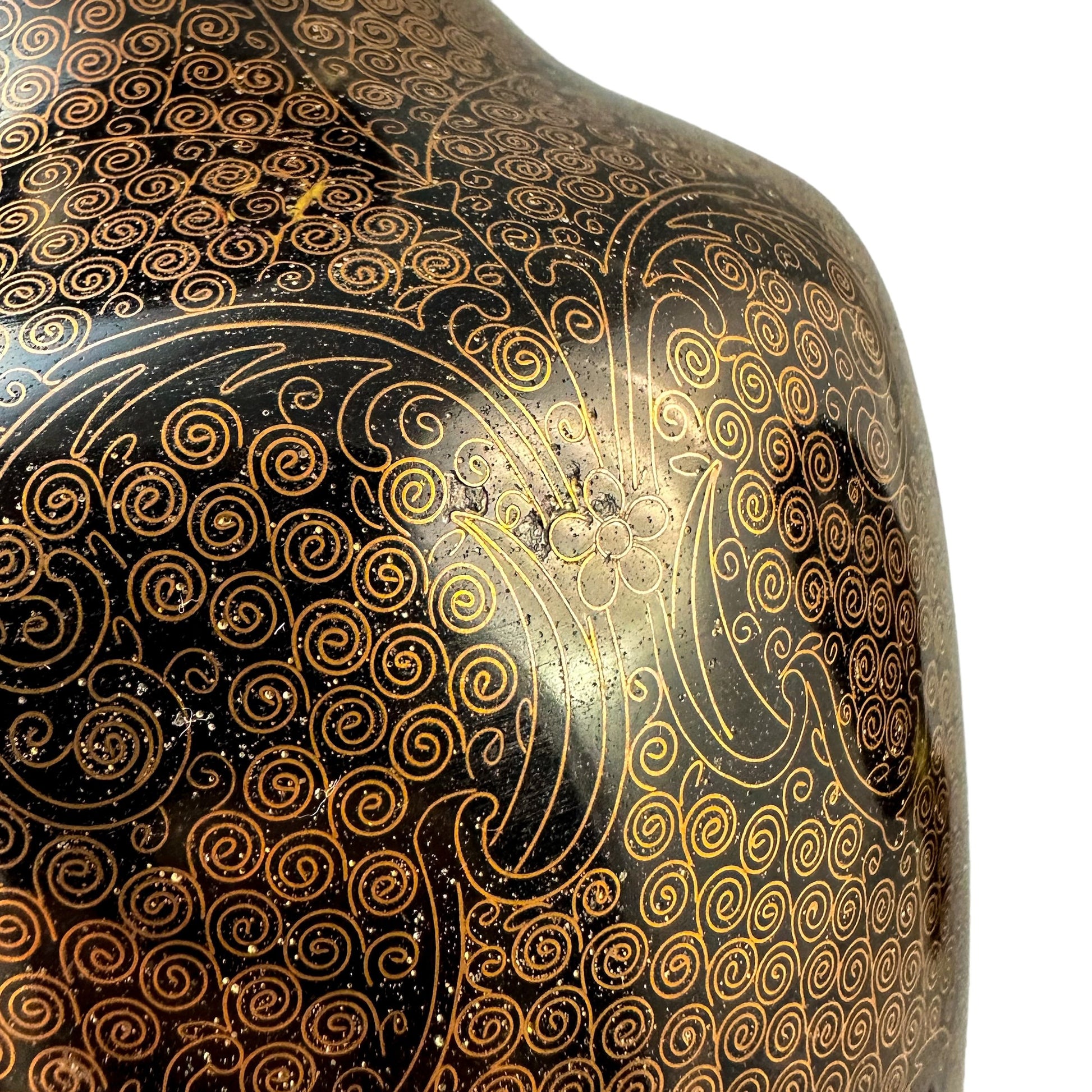 Chinese Qing dynasty pair black brass cloisonné enamel vases on stands