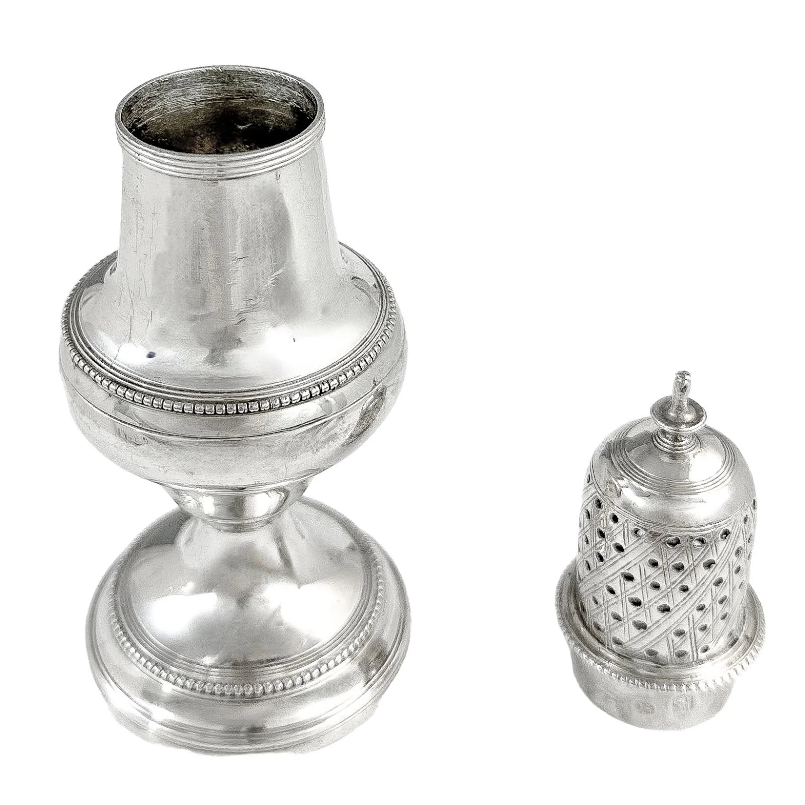 George III sterling baluster caster / pepper pot with beaded border