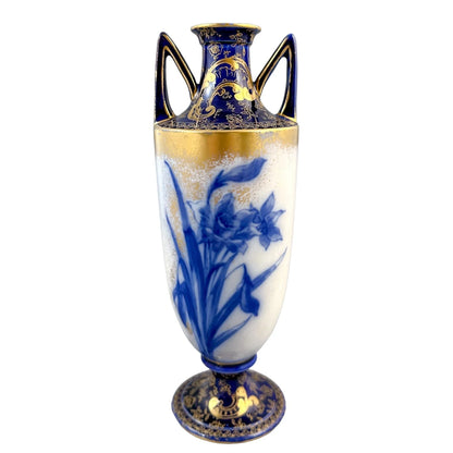 Victorian Royal Doulton two handled Art Nouveau cobalt urn vase in Blue Daffodil pattern