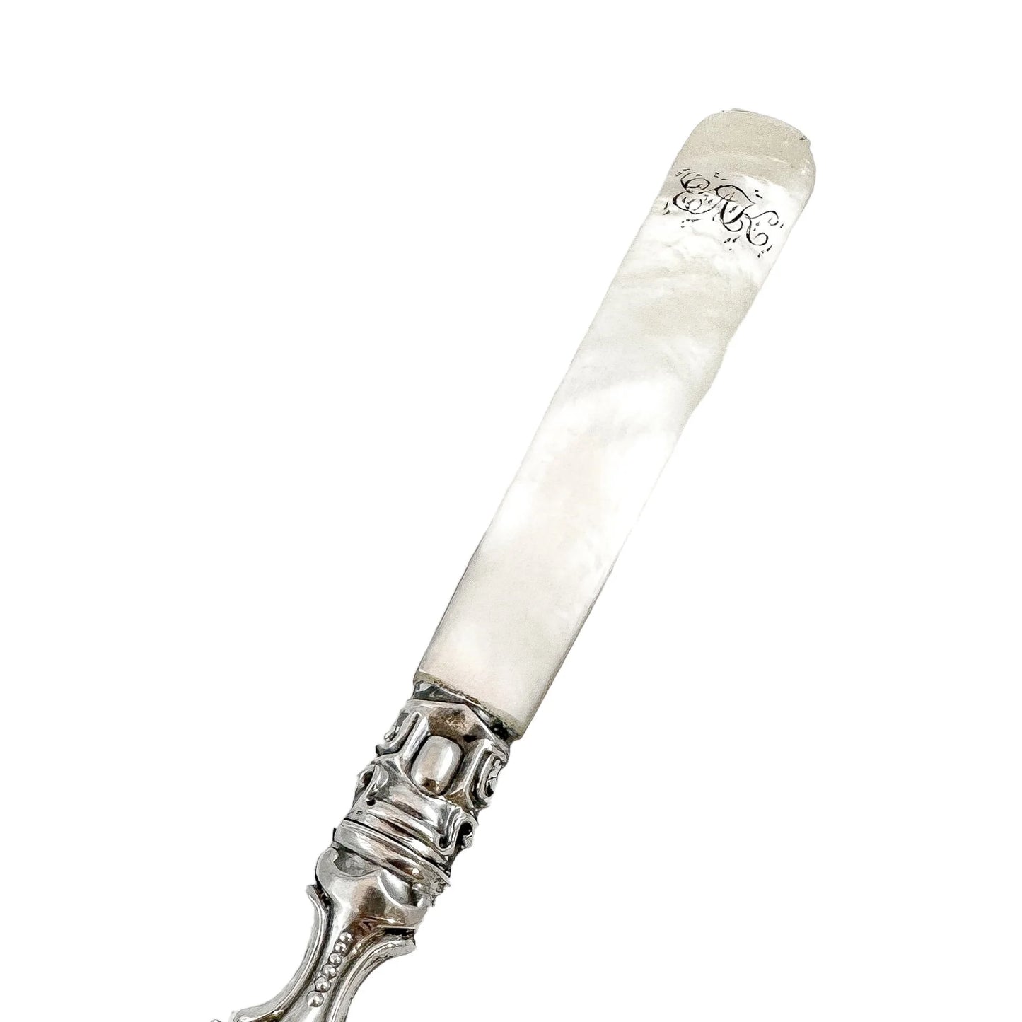 Victorian sterling silver butter knife / caviar spreader with mother of pearl handle