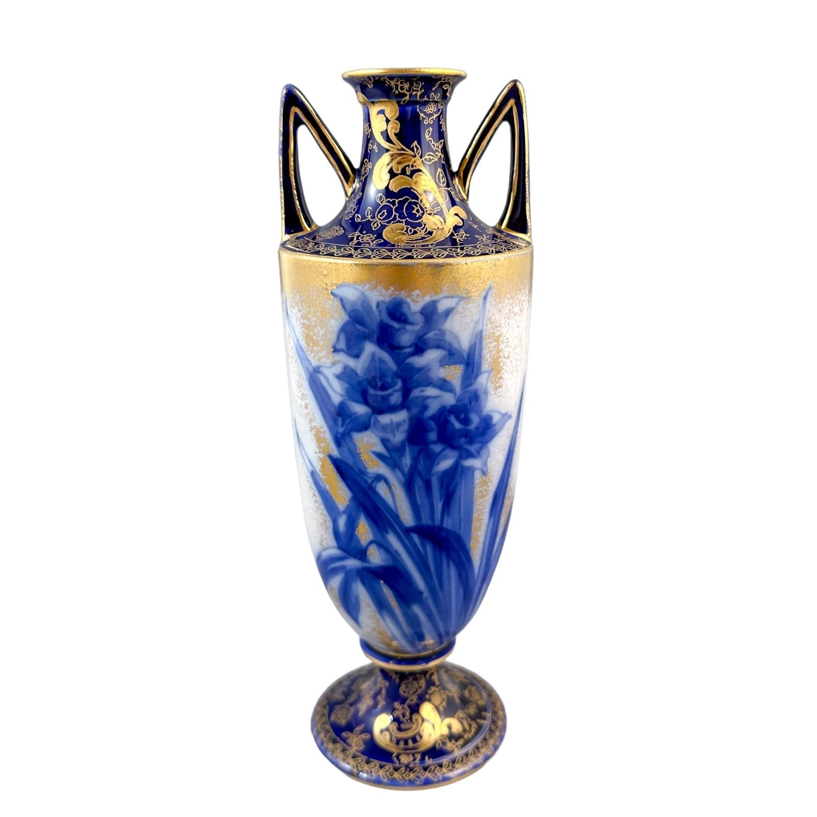 Victorian Royal Doulton two handled Art Nouveau cobalt urn vase in Blue Daffodil pattern