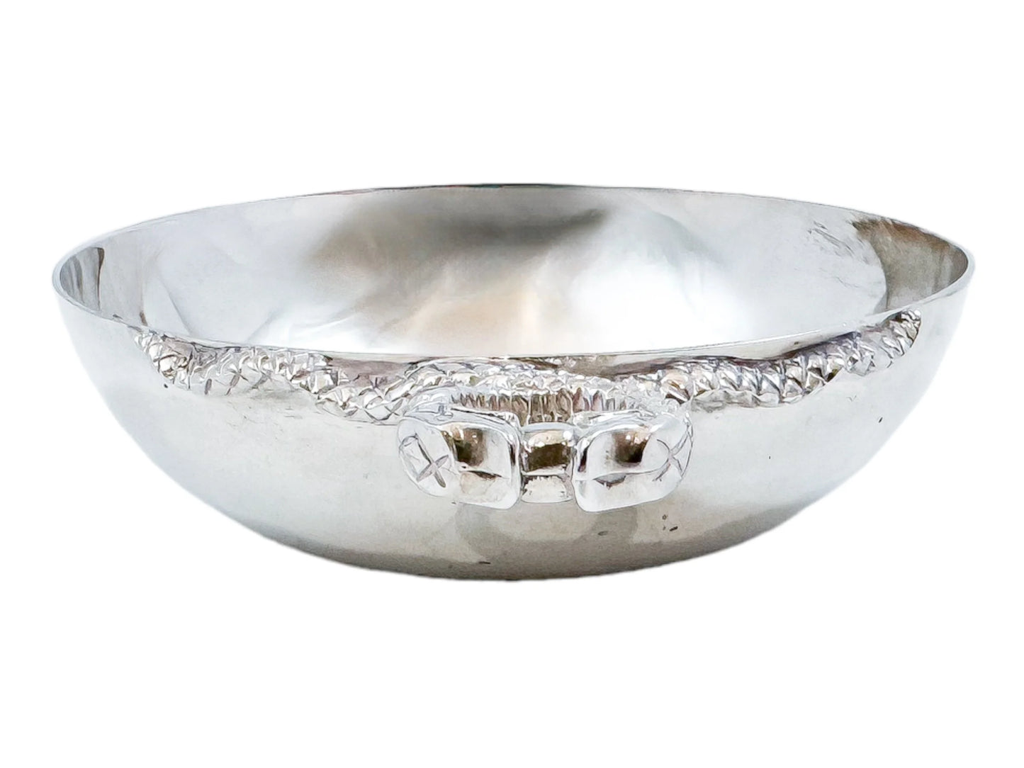Elizabeth II sterling silver wine taster / sommelier cup with twin serpent handle