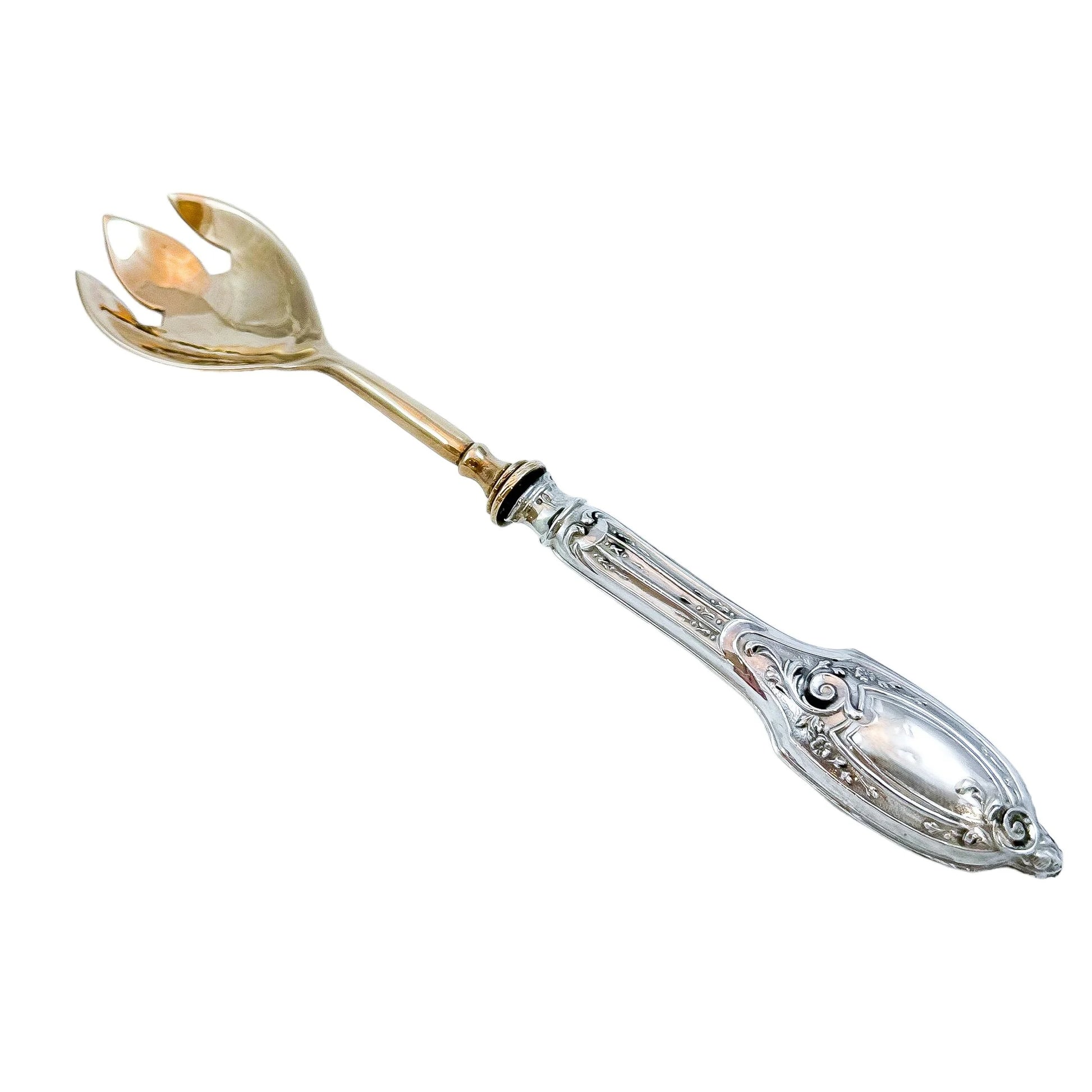 Cased 1940's Portuguese silver salad serving fork and spoon in original presentation box