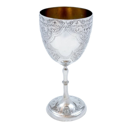 Mid-Victorian sterling silver chalice with arabesque motif, inscribed "Suzanne"