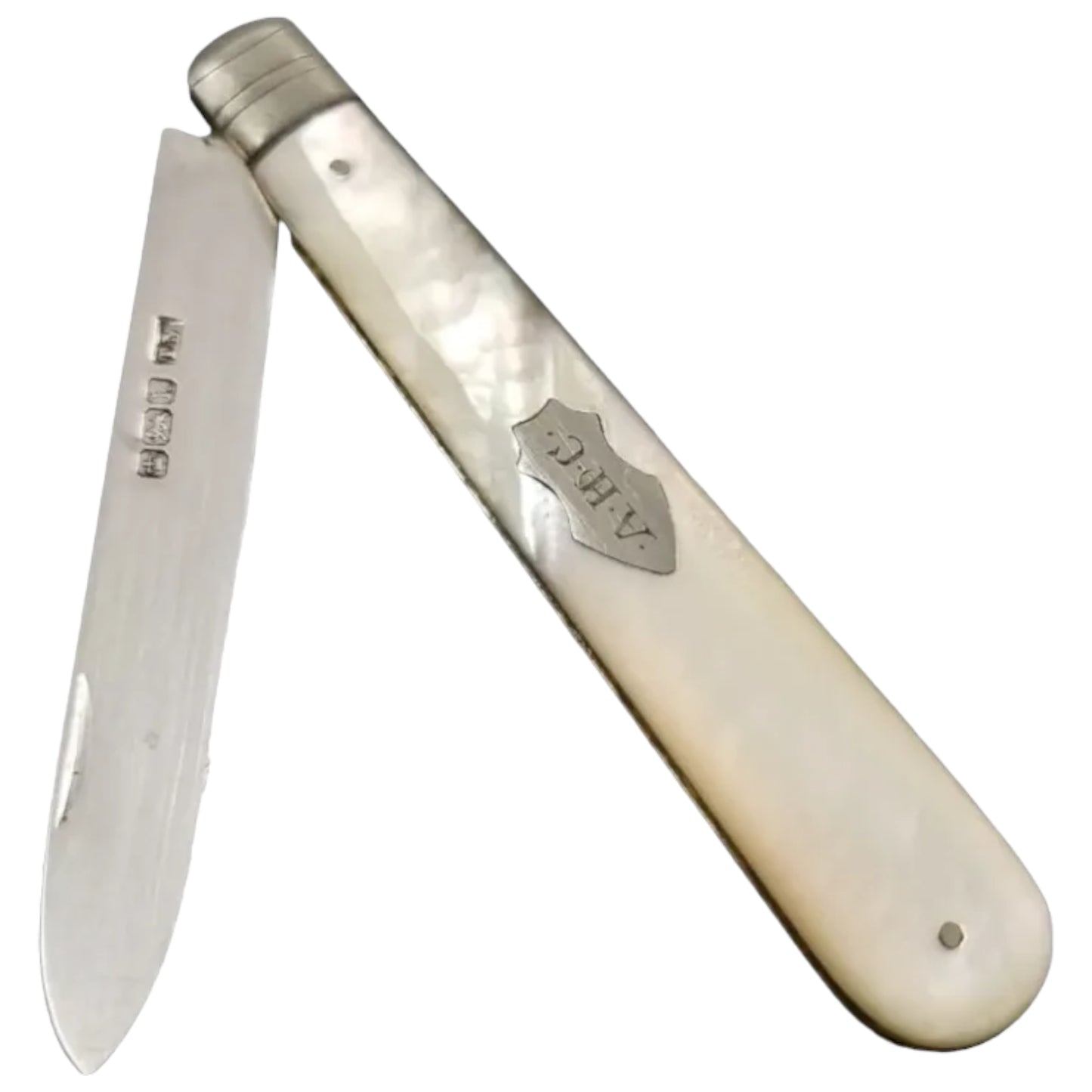 Victorian sterling silver mother-of-pearl large folding pocket pen fruit knife, Thomas Marples 1902