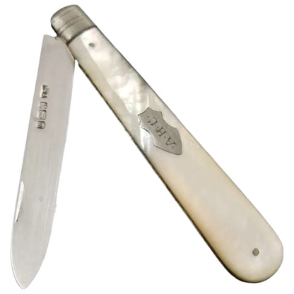 Victorian sterling silver mother-of-pearl large folding pocket pen fruit knife, Thomas Marples 1902