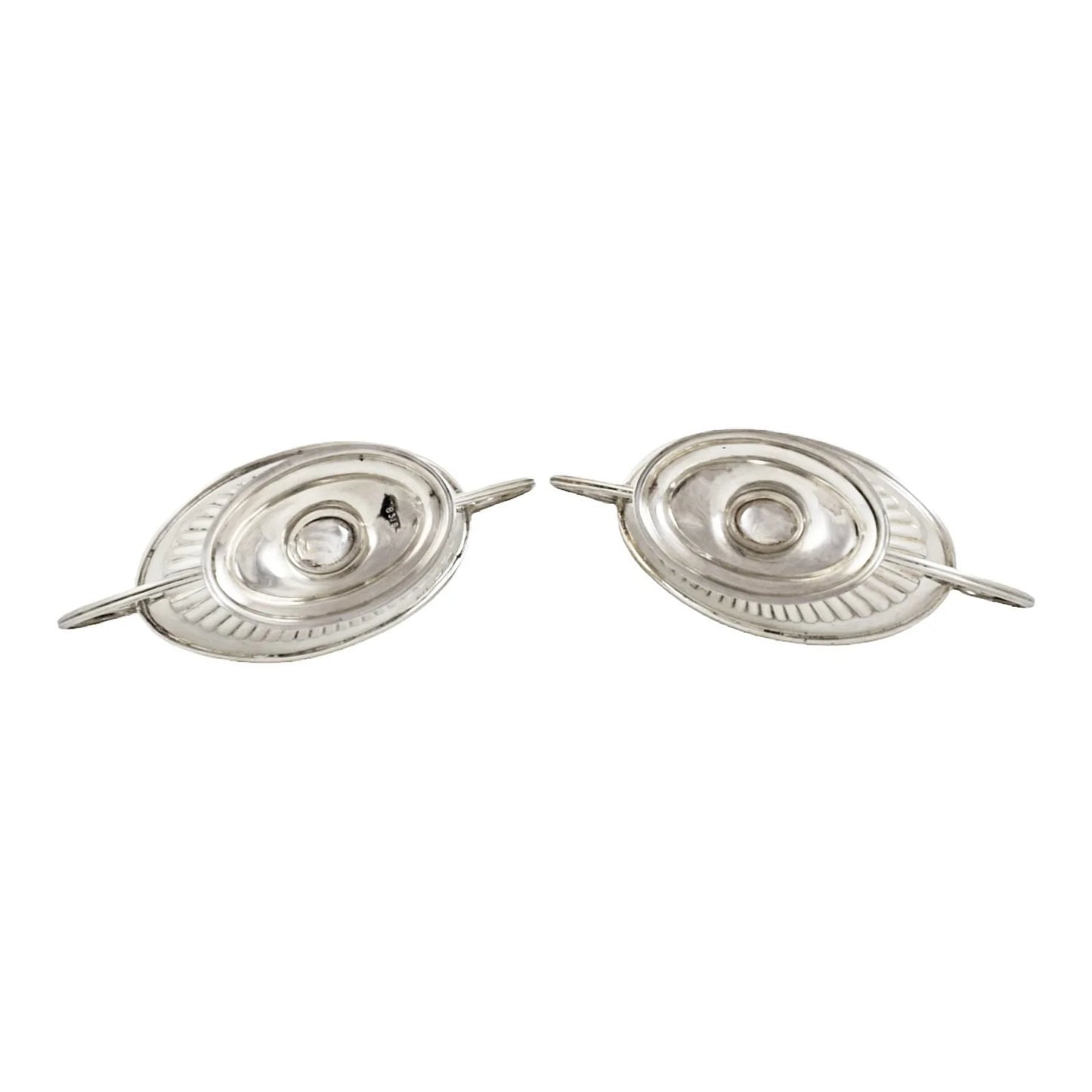 Edwardian set of 2 Neoclassical gilt sterling silver boxed navette salts with spoons