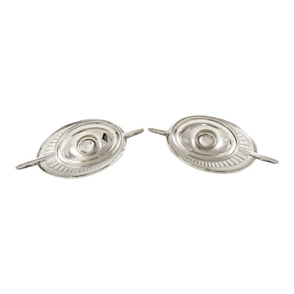 Edwardian set of 2 Neoclassical gilt sterling silver boxed navette salts with spoons