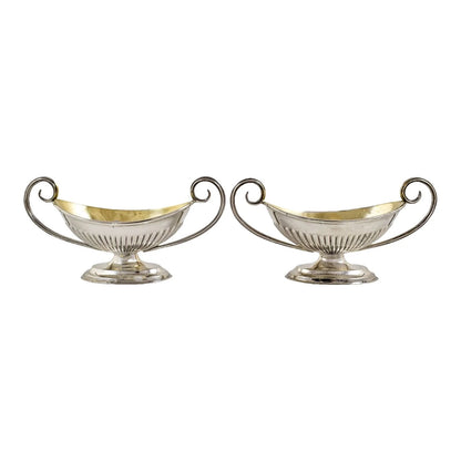 Edwardian set of 2 Neoclassical gilt sterling silver boxed navette salts with spoons