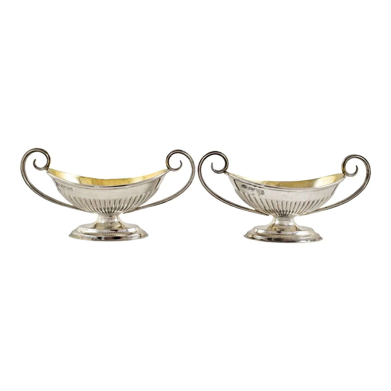Edwardian set of 2 Neoclassical gilt sterling silver boxed navette salts with spoons