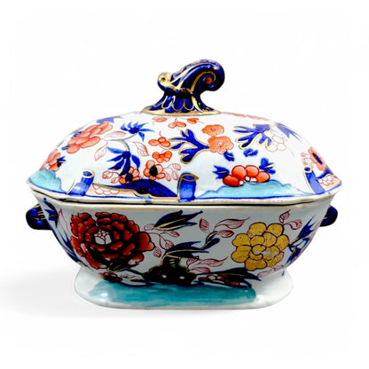 Rare Mason’s Ironstone sauce tureen, "Oyster Pattern" with turquoise base, hand-painted Regency period, circa 1815–1825