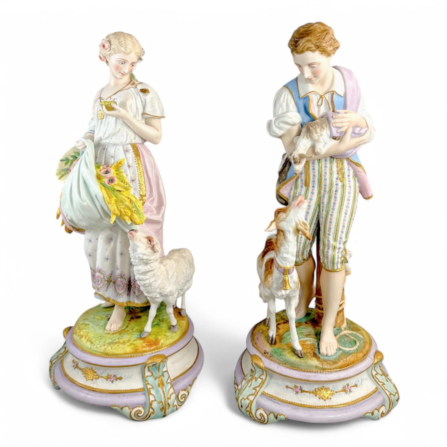 Rare monumental Vion & Baury French bisque porcelain figures 60 cm, Rococo Revival pastoral scene c.1870