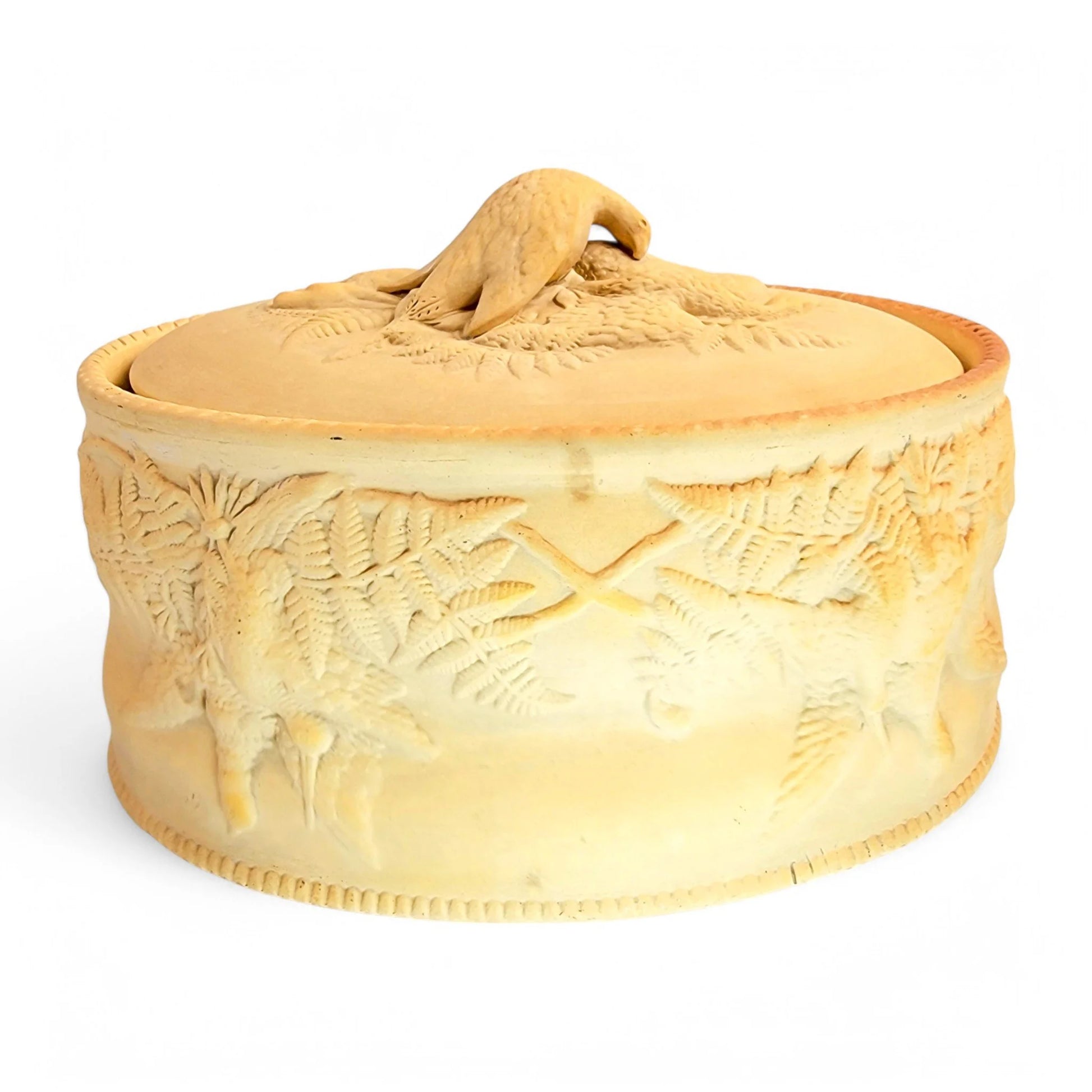 Victorian Brownfield stoneware game pie dish with bird finial and fern relief decoration, 1875
