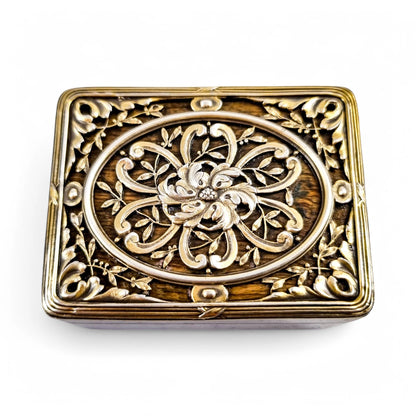 Antique French Art Nouveau walnut burlwood stamp box with pierced vermeil silver lid, c. 1890s