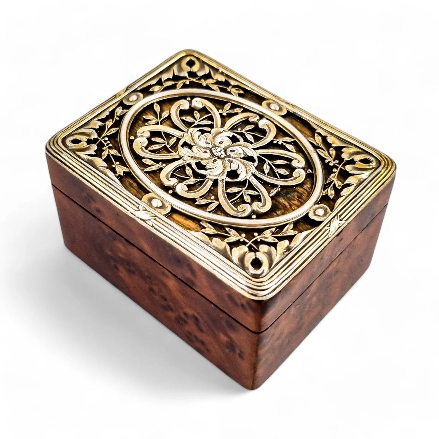 Antique French Art Nouveau walnut burlwood stamp box with pierced vermeil silver lid, c. 1890s