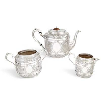 Antique Victorian silver plated three-piece tea set, Rococo Revival and Aestheticism, c. 1880s