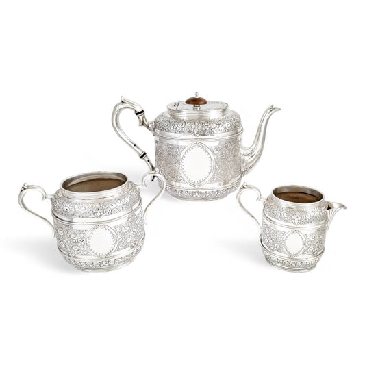 Antique Victorian silver plated three-piece tea set, Rococo Revival and Aestheticism, c. 1880s