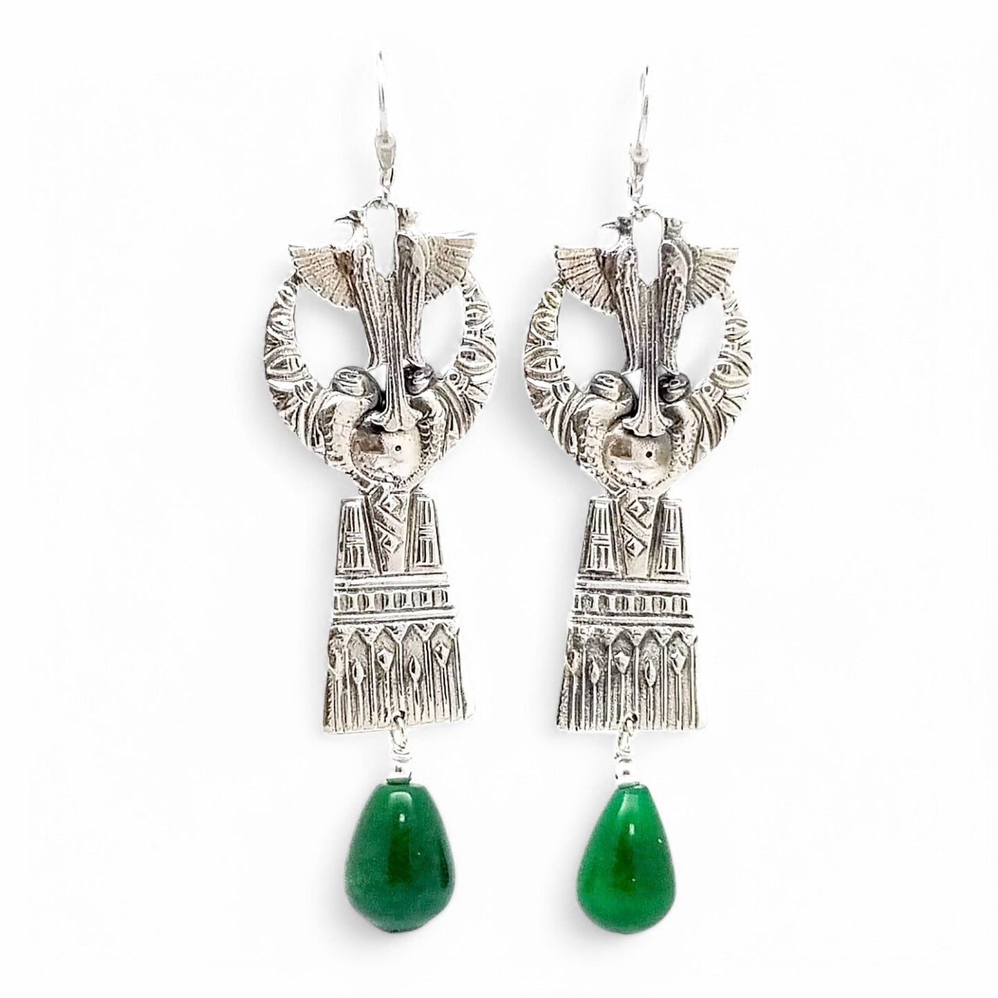 Art Deco Egyptian Revival sterling silver dangle earrings with green jade drops