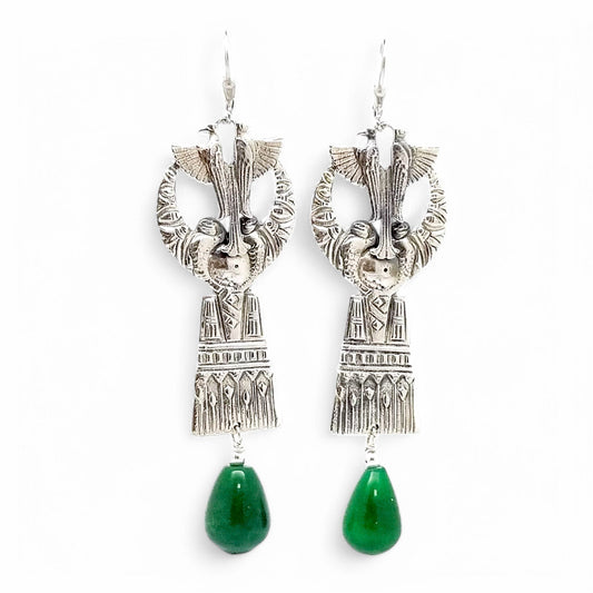 Art Deco Egyptian Revival sterling silver dangle earrings with green jade drops