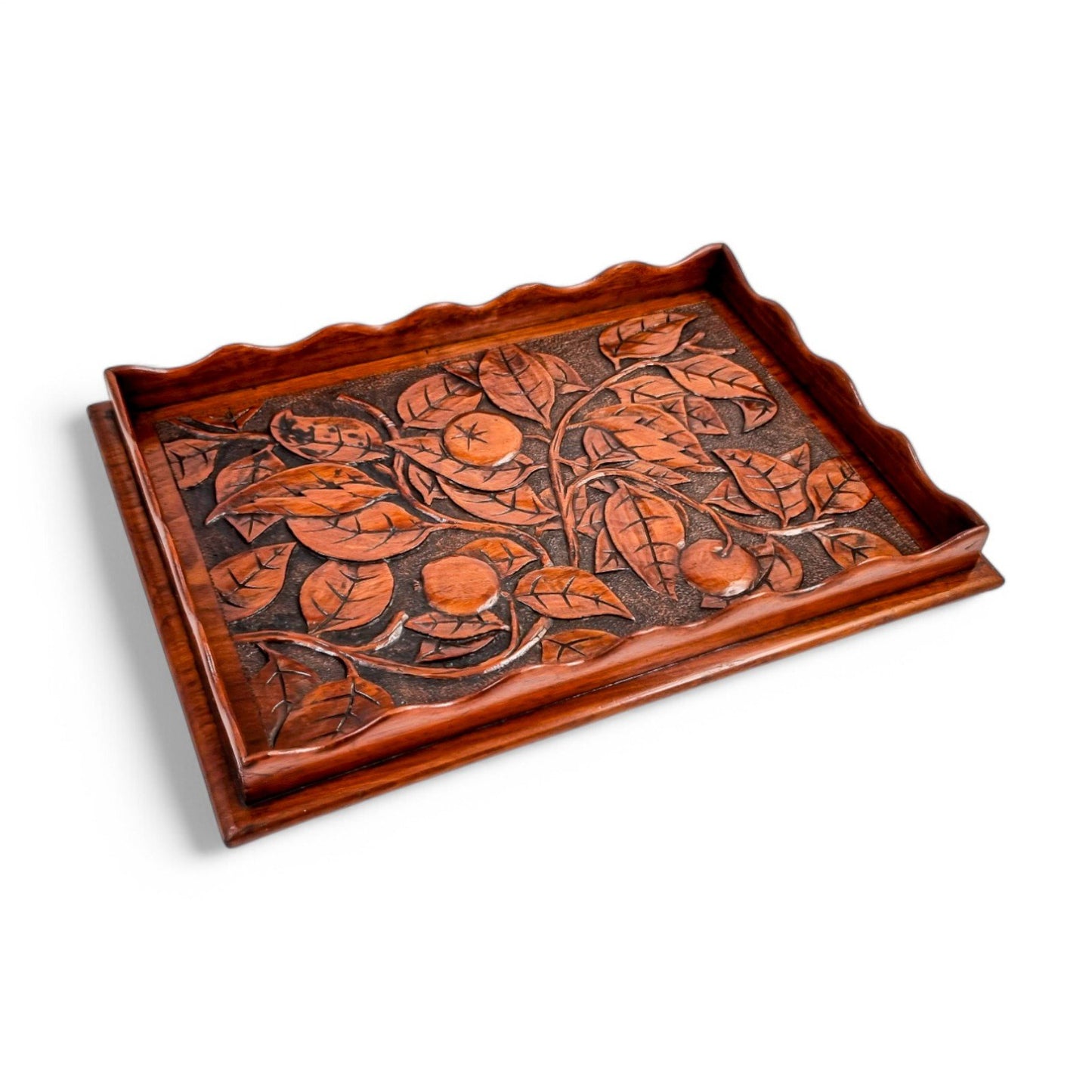 Antique Arts & Crafts mahogany hand-carved serving tray with fruit and leaf decoration, Victorian décor c. 1890s