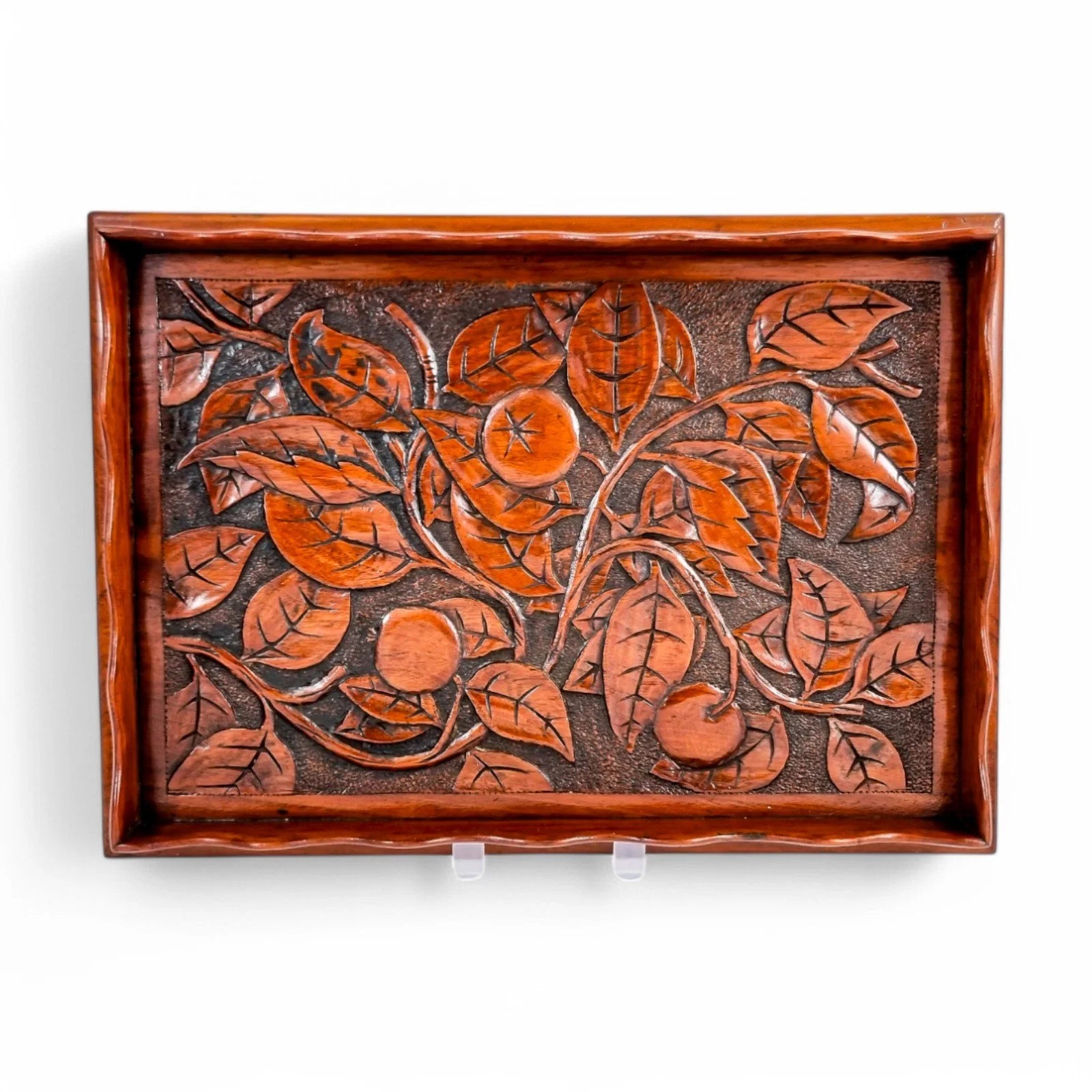 Antique Arts & Crafts mahogany hand-carved serving tray with fruit and leaf decoration, Victorian décor c. 1890s
