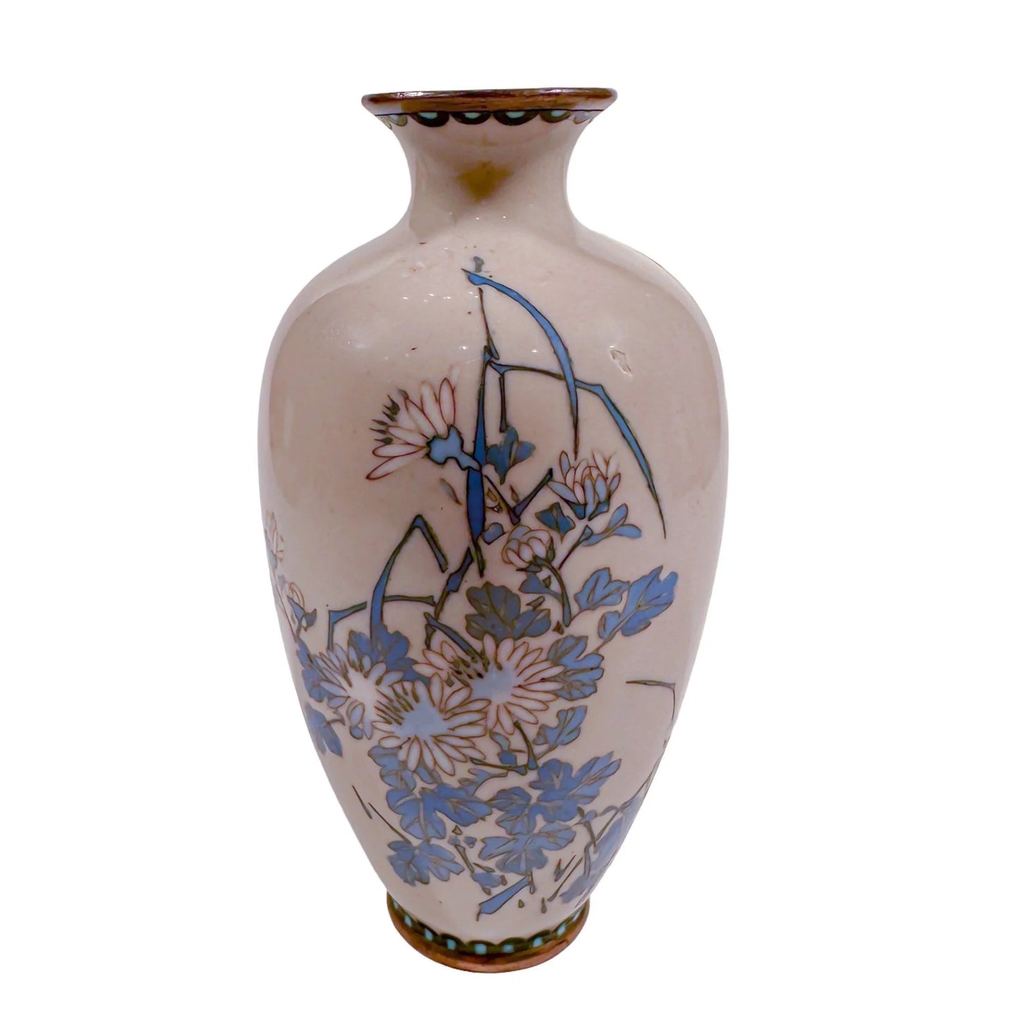 Pair of Meiji era Japanese cloisonné vases, blue chrysanthemum on grey