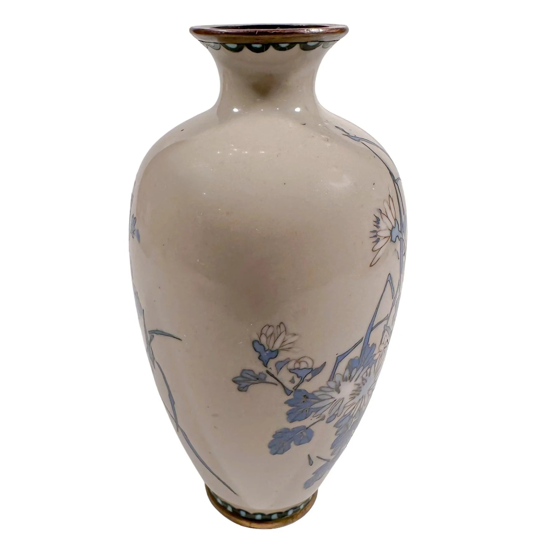 Pair of Meiji era Japanese cloisonné vases, blue chrysanthemum on grey