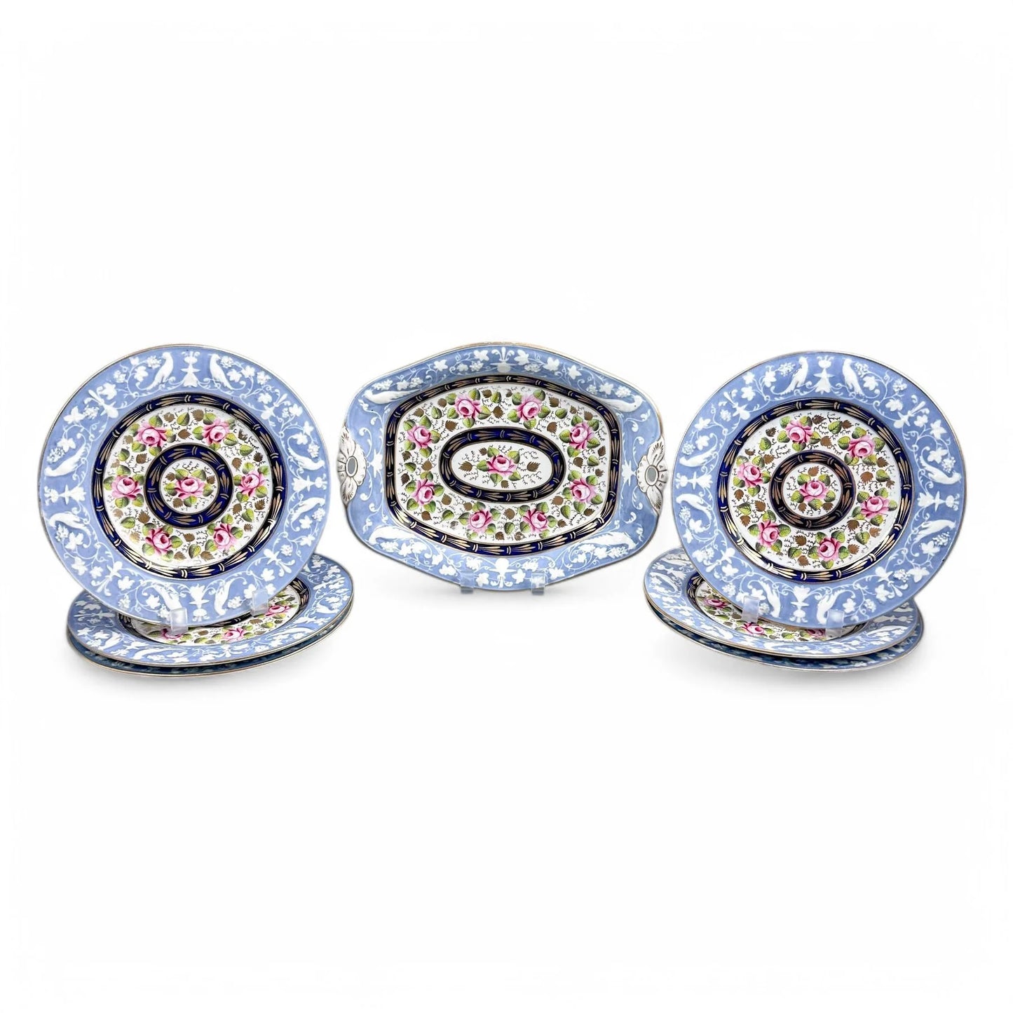 Rare New Hall Staffordshire hybrid porcelain dessert service with powder blue and rose decoration, circa 1820