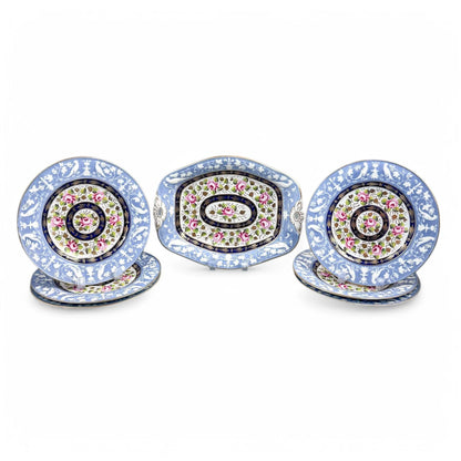 Rare New Hall Staffordshire hybrid porcelain dessert service with powder blue and rose decoration, circa 1820