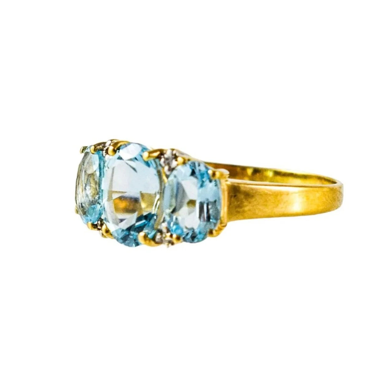 Vintage 9ct yellow gold blue topaz and diamond trilogy three stone cocktail ring, size P 1/2