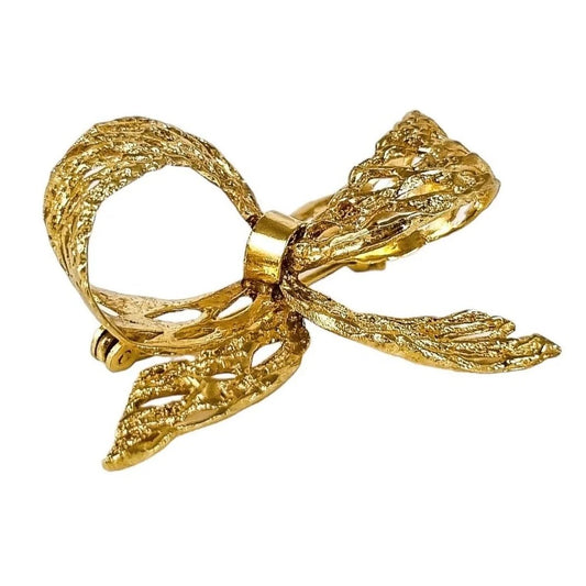 Vintage 9ct yellow gold bow ribbon statement brooch, pierced textured design