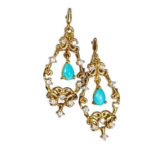 Sterling silver gold vermeil sleeping beauty turquoise chandelier earrings, openwork scroll design