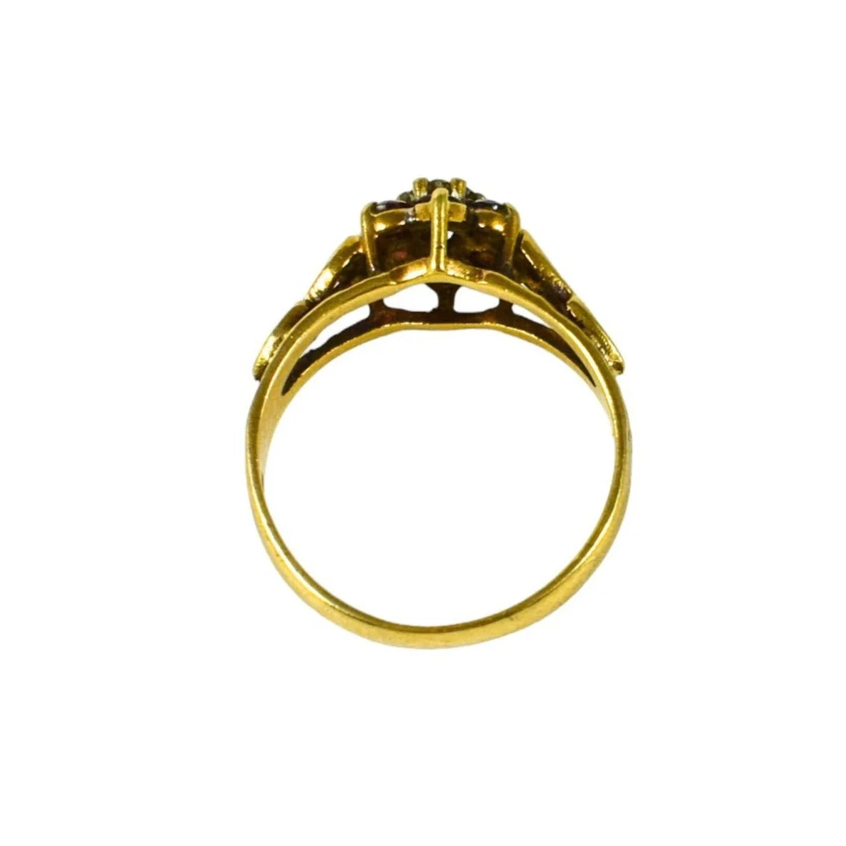 1970’s 9ct yellow gold ruby and diamond floral cluster halo ring with pierced heart shank, size O