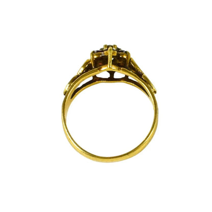 1970’s 9ct yellow gold ruby and diamond floral cluster halo ring with pierced heart shank, size O