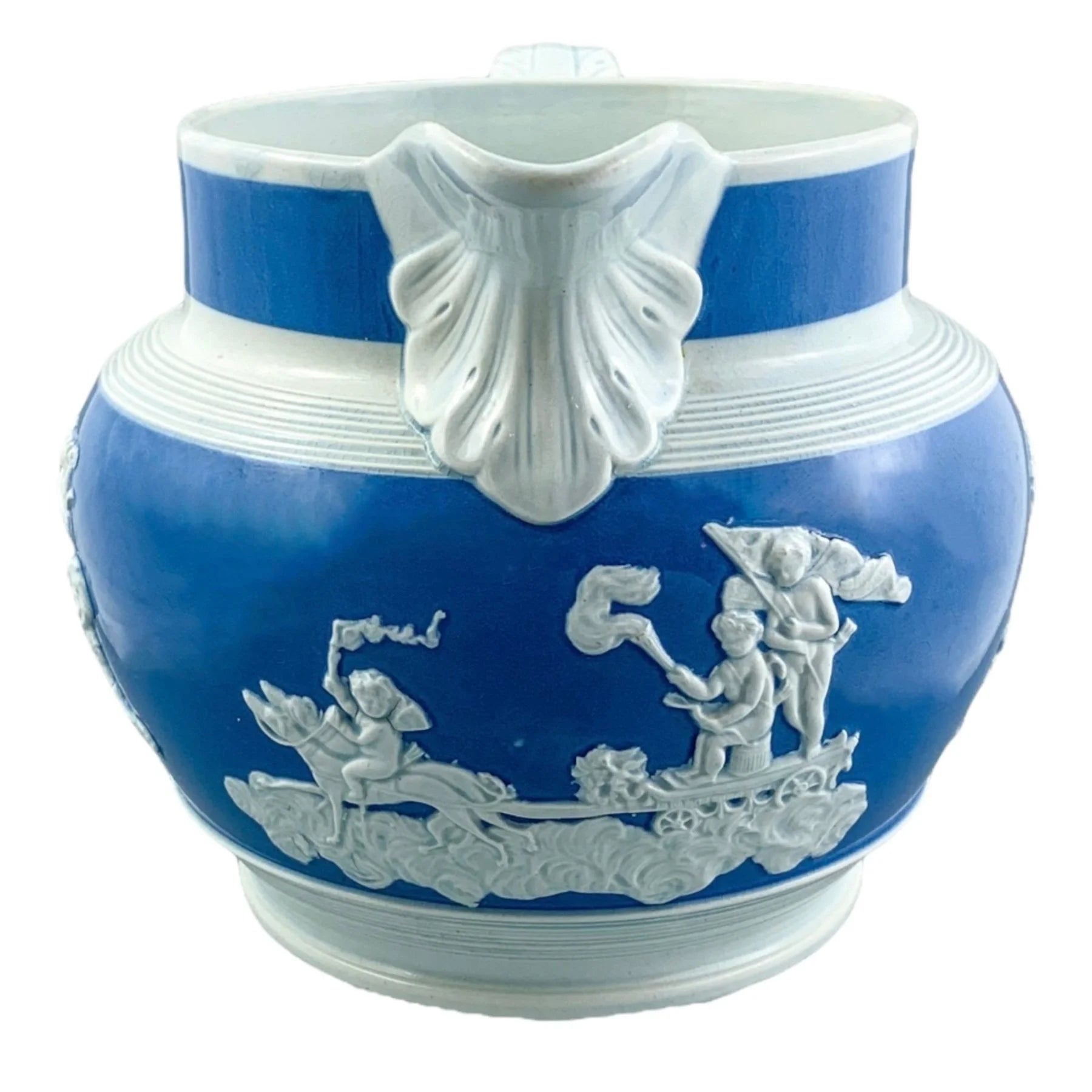 1810’s Chetham and Woolley Georgian blue jasperware cider jug featuring putti