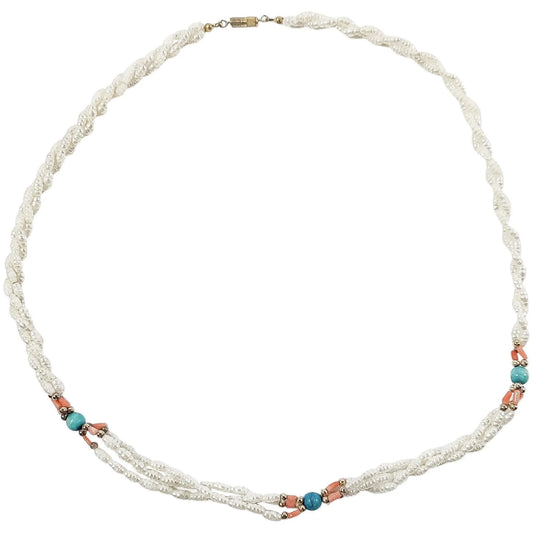Vintage 1960's three strand pearl, coral and turquoise necklace