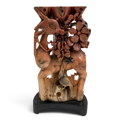 Qing red soapstone candlestick, deer and prunus tree